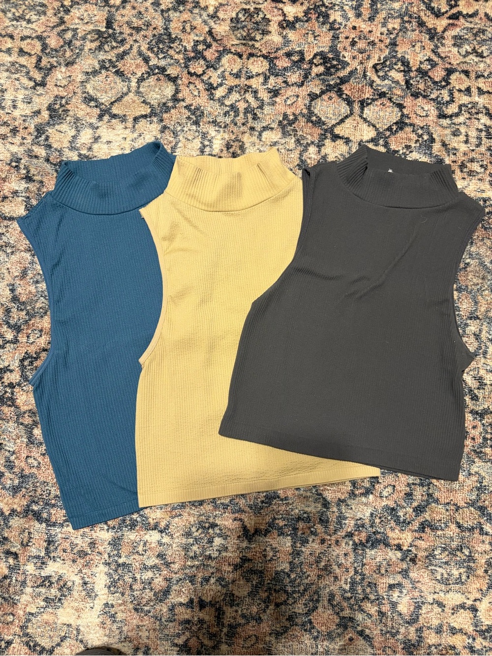 Zara Sleeveless Mock Neck Ribbed Top Set - Teal, Mustard, Black